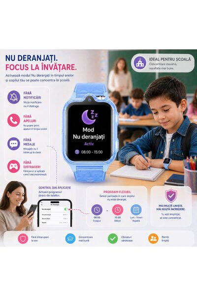 Techone Ceas Smartwatch Copii KT42, Dual Camera, Cu AI, GPS, Localizare, Super AMOLED, 4G LTE, SOS, Spion, Blue