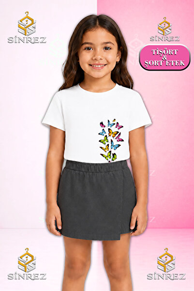 SİNREZ Girl's Set Multi Butterfly Soleni Printed Short Sleeve T-Shirt Shorts ...