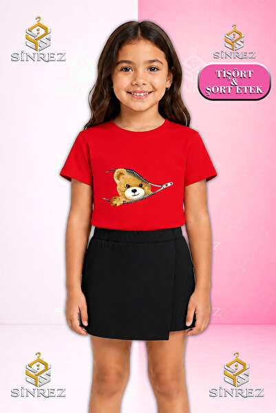 SİNREZ Set pentru fete AYICIK YARIM FERMUARLI Tricou imprimat cu mânecă scurt...