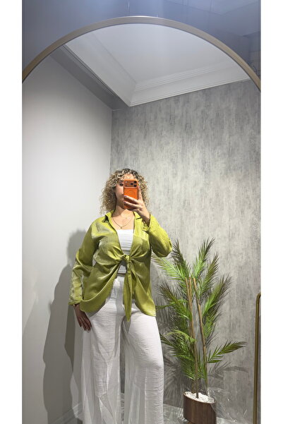 BELİS WEAR قميص كيمونو نسائي لامع برباط أمامي - بلوزة أنيقة كبيرة الحجم بملمس...