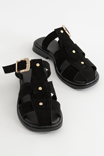 LEVONYA Mayor Women's Black Suede Buckle Comfortable Daily Slippers