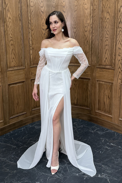 Lafaba Women's White Boat Neck Lace Detail Long Evening Dress