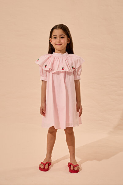 Fahhar Kids Rochie din bumbac cu broderie căpșuni roz