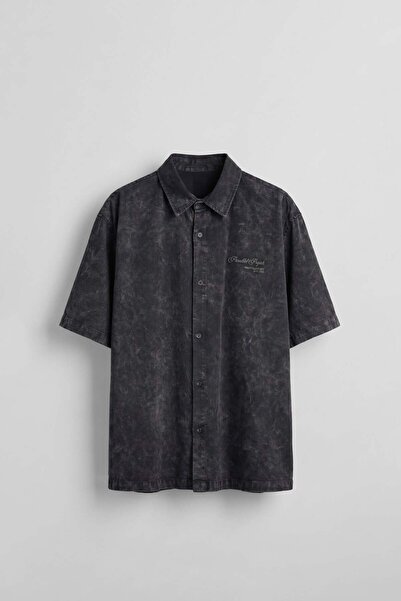 ablukaonline Men's Boxy Fit Embroidered Detailed Cotton Short Sleeve Shirt Black