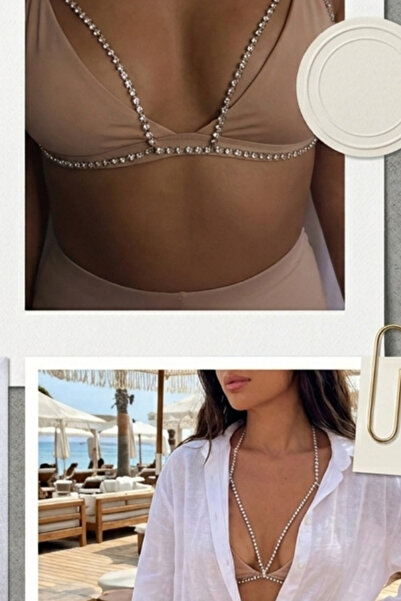 shop Gümüş Renk Taş Detaylı Tasarım Bikini Üstü /Bralet /Vücut Aksesuarı