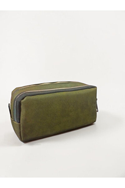 Limmy Khaki Pencil Case Vegan Leather Large Volume Two-Compartment Pen Holder