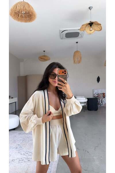 Buket Teke Set kimono cu pantaloni scurți și bustieră, cu detaliu panglică, d...