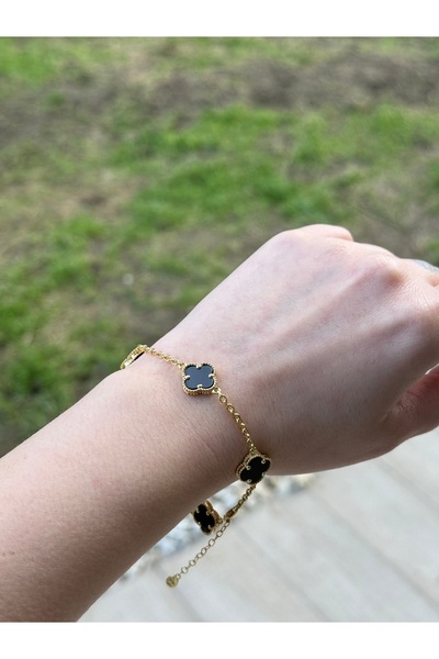 Amora Perla Jewelry 925 Ayar Gümüş Gold Kaplama Siyah Yonca Bileklik