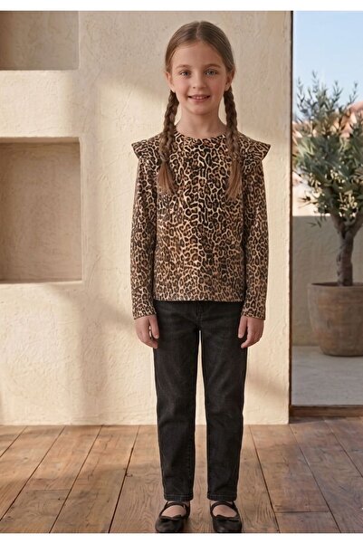 çatı moda Kız Çocuk Leopar Desenli Fırfır Detaylı Uzun Kollu Bluz