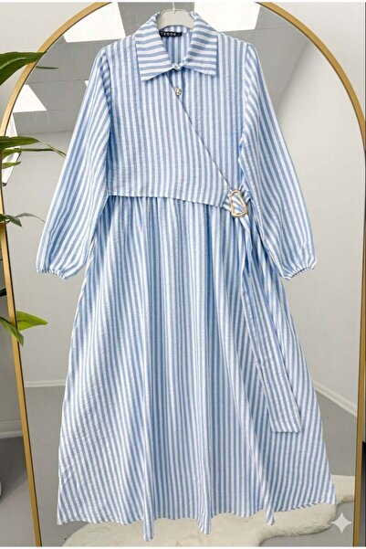 modasindoma Gold Buckle Detailed Striped Dress Blue
