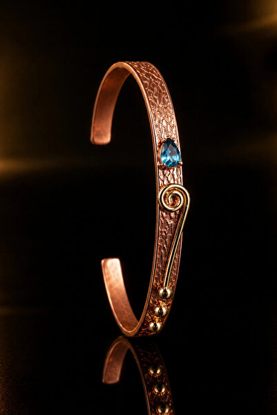 OSMANLI GÜMÜŞ Women's Copper Bracelet with Natural Aquamarine Stone, Drop Mod...
