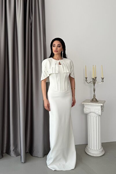 Serica Moda Beyaz Bolerolu Taş İşlemeli Balenli Uzun Abiye Elbise