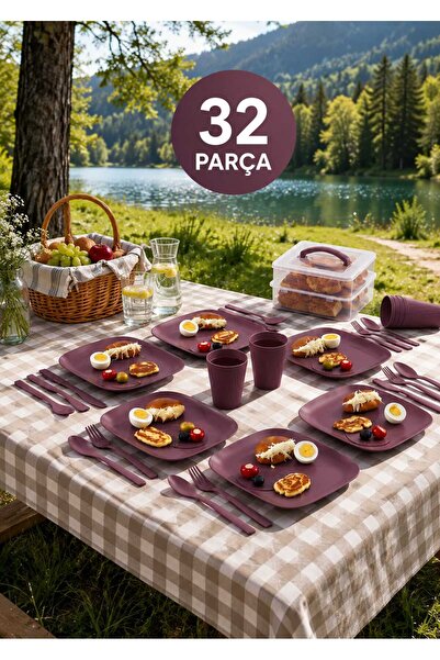 zemihra 32 Parça 6 Kişilik Taşınabilir Piknik Seti - Saklama Kutulu Piknik Ka...
