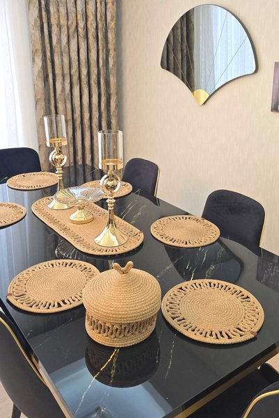 KAAN HOME 6-Piece Supla 1 Runner 1 Lid Bread Basket Set Wicker Jute Color Patterned Presentation Tray