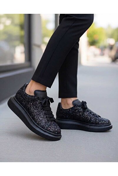 POLENS Black Glittery Pearl Thick Sole Sports Shoes