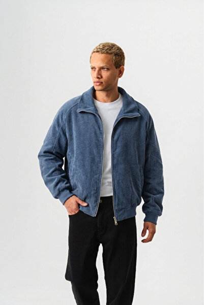 jaceyjace Fitilli Kadife Oversize Bomber Ceket - İndigo