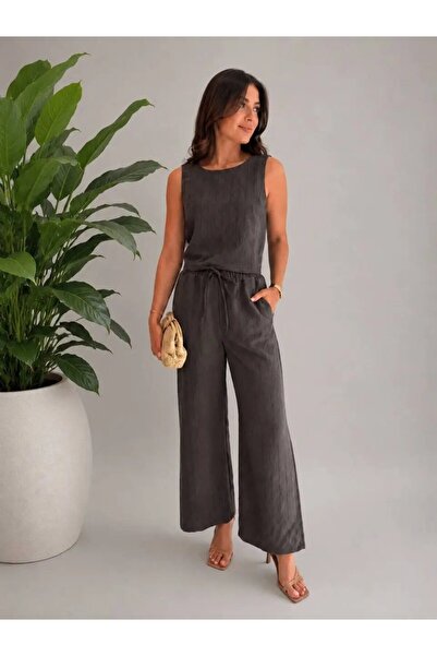 Park Karon Women's Low-Cut Blouse with Tie at the Waist, Palazzo Pants, Modal...