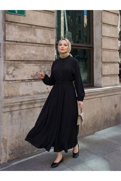 Lunsera Store فستان بأكمام خفاشية وخصر مطاطي - أسود