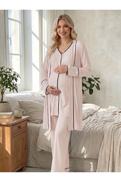 HAFSARA Viscose Soft Textured Front Buttoned Maternity Pajama Set with Robe