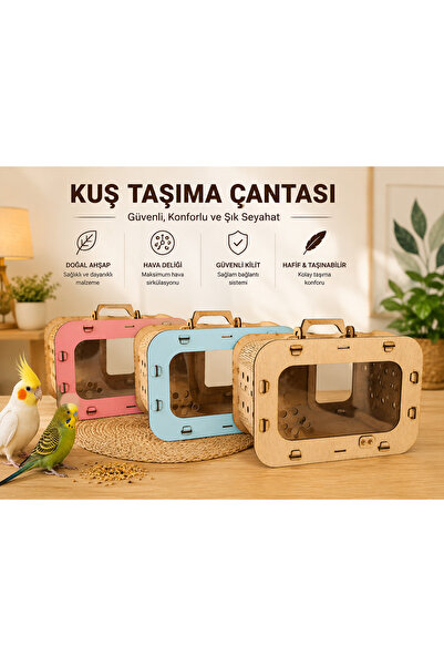 EMSE Ahşap Kuş Taşıma Çantası Suluklu Tünekli 16,5x20x30 Orta Boy 1. Kalite