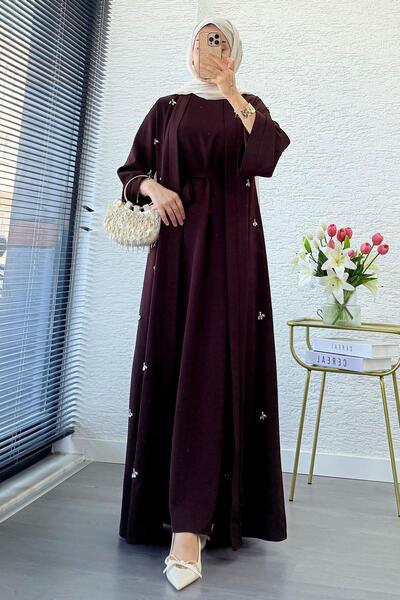 MELEK ARAZ Set Abaya dublu brodat cu pietre - Maro