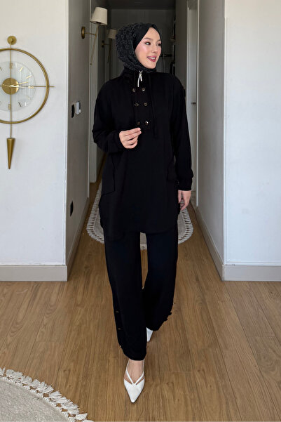 Tesettür Diyarı Tulas Aeorbin Fabric Stand Collar Tunic-Pants Hijab Set - Black