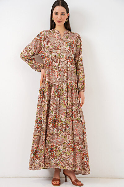 Merterium Women's Patterned Long Hijab Dress 1155 - Milky Brown
