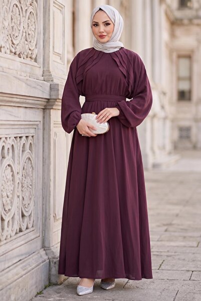 hafsamina Kuşaklı Beli Lastikli Modal Elbise Bordo HM2916