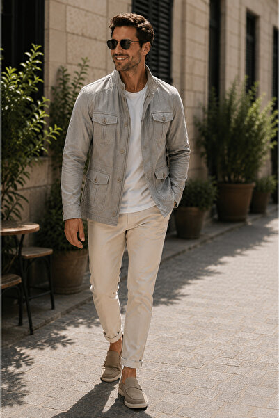 DYNAMO Men's Gray Color 100% Cotton Linen Lined Multi-Pocket Summer Coat – No...