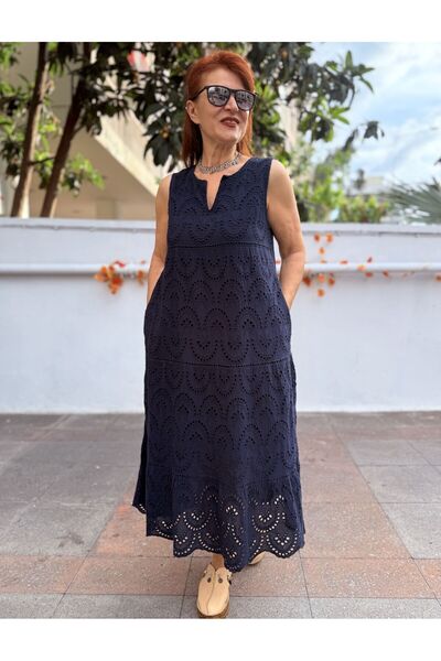 DenizEge Rochie lungă cu broderie și căptușeală KolBerli, albastru marin