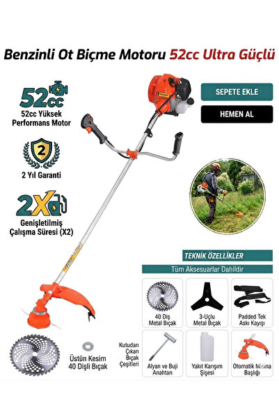 Tricraft 52cc Ultra Güçlü Benzinli Ot Biçme Motoru | Full Aksesuar Seti | Pro...