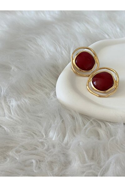 Revoia Bordo Taş Detaylı Gold Küpe