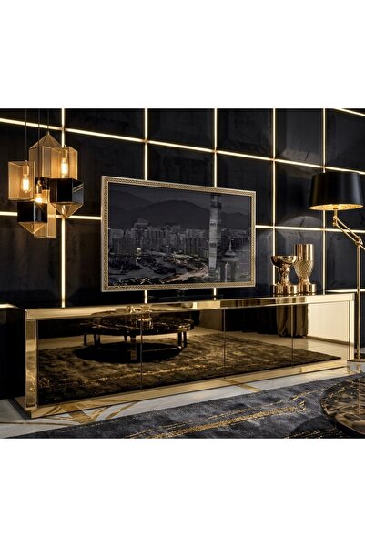 LUXURY VİLLA LUXURY KOMPLE GOLD AYNALI 4 KAPAKLI TV SEHPASI GENİŞLİK 200 CM D...