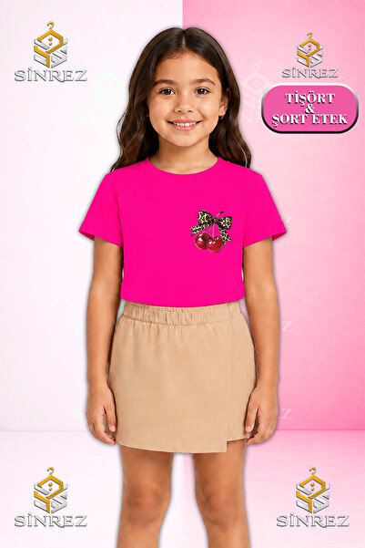 SİNREZ Girl's Set Cherry Ribbon Leopard Pattern Ust Printed Short Sleeve T-Sh...