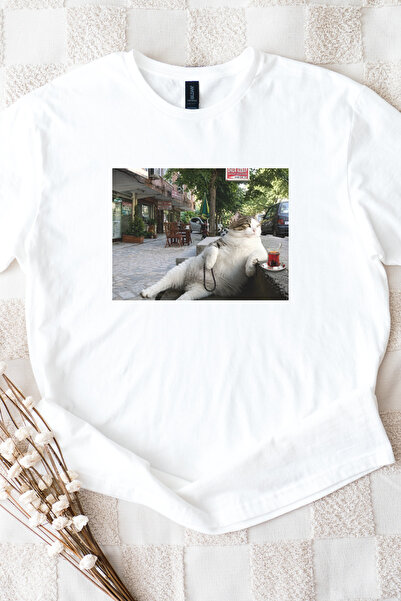Auryne Jewelry Unisex Popular Tea Drinking Cat Printed T-Shirt Durable Printi...