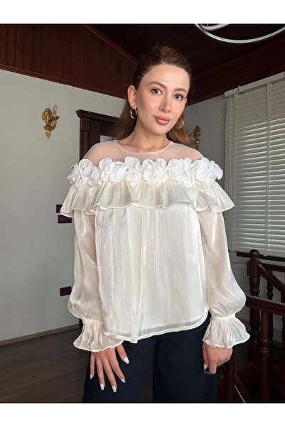 Arwey Women's Rose Detailed Organza Shirt White