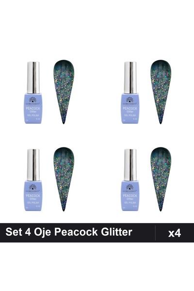 Makeup Set 4 Oje Semipermanente Peacock Glitter 8ml, Nuanță 04, Manichiură UV...