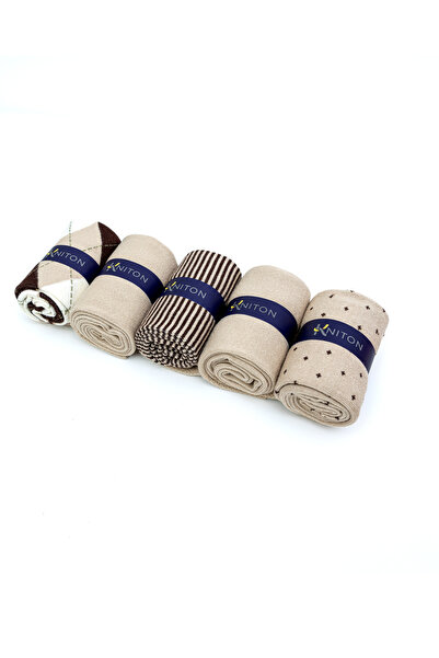 KNITON Dikişsiz Bambu Çorap Jakarlı Bej Renk Desenli Erkek Çorap Kutulu 5 Çift Premium Uzun Soket Mix Çorap Bambu