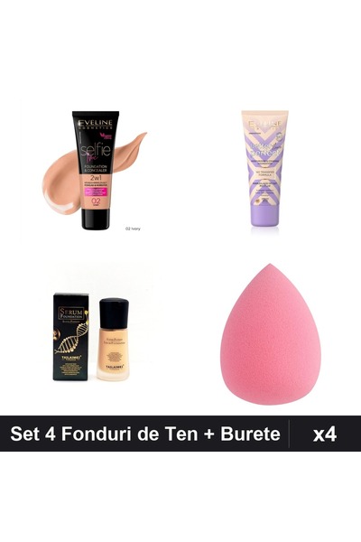 Eveline Set 4 Fonduri de Ten & TLM, Nuante Ivory Beige, SPF 15, 30ml + Burete