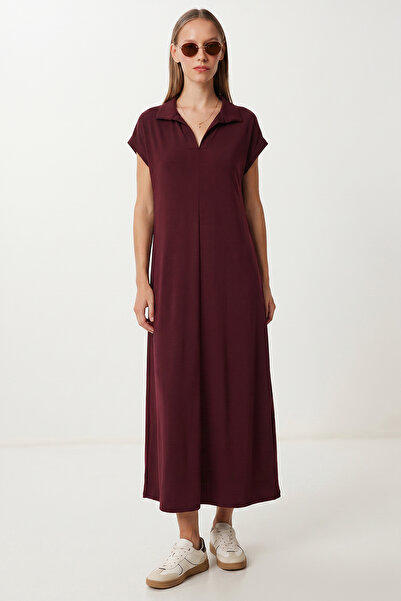 Lovelyİstanbul Polo Yaka Cepli Örme Elbise LDZ0038 MÜRDÜM