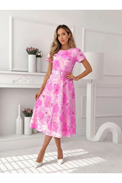 OEM Rochie midi eleganta dama cu imprimeu floral, maneca scurta si cordon in ...