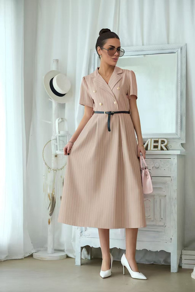 OEM Rochie midi eleganta dama cu dungi fine, cordon in talie si guler tip sac...