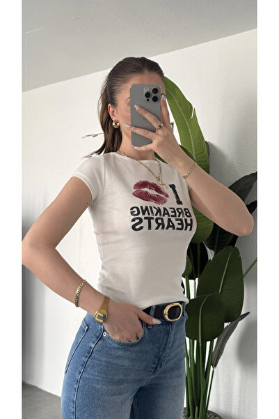 asfamoda Tricou crop alb cu imprimeu cu buze pentru femei, în stil Y2K - Bluz...