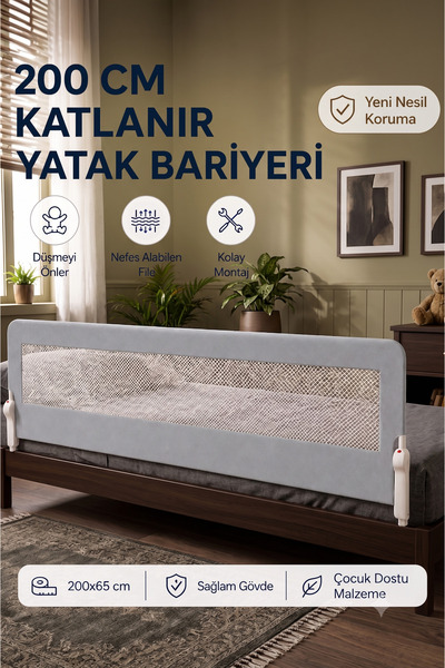 200 Cm Yatak Bariyeri - Mega Boy Güvenlik Bariyeri Koruyucu Bariyer,Bebek Bariyeri Büyük Boy-Gri
