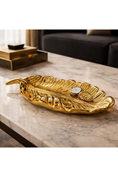 MİREVA Gold Color Leaf-Shaped Decorative Tray, Resin Polyester, 29X14X5 Cm, H...