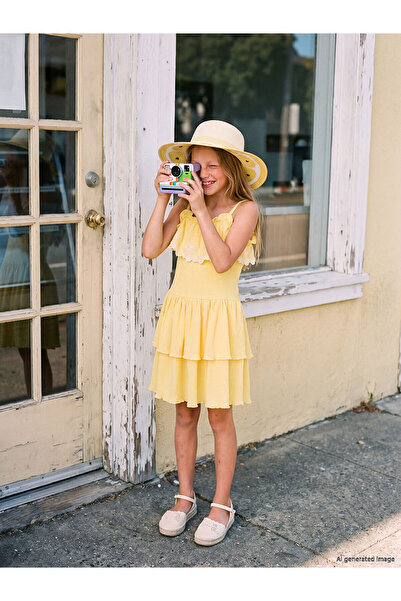 LC Waikiki Nevavm Square Collar Layered Girl's Dress with Difference