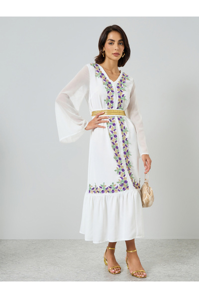 Take Two By Styli White Floral Patch Midi Dress with Tie-Belt