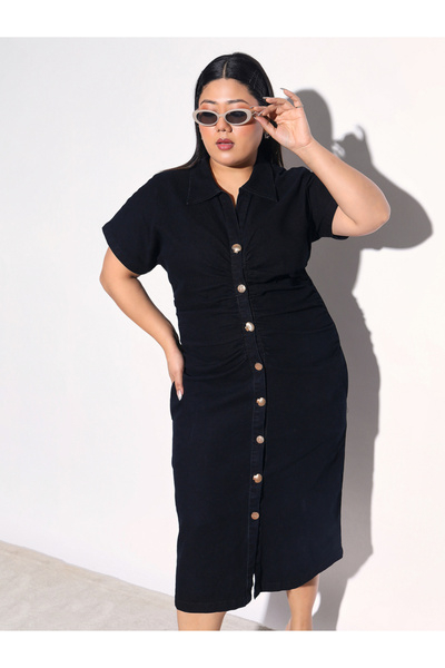 Sassafras By Styli Plus Size Denim Front Ruched Sheath Midi Dress