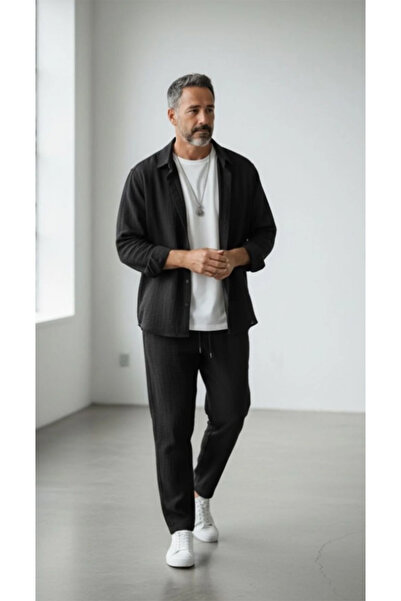 FAVORİST Men's Long Sleeve (Shirt and Pants) Wrinkled Tracksuit Set