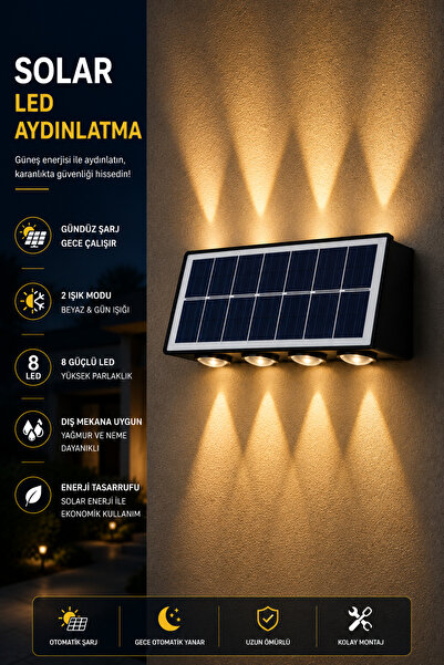 ROBEVE Solar LED Duvar Apliği 8 Ledli Bahçe Aydınlatması – Güneş Enerjili Dış...